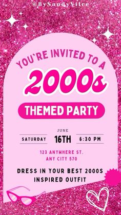 a pink party flyer with the words, you're invited to a 20000 themed party