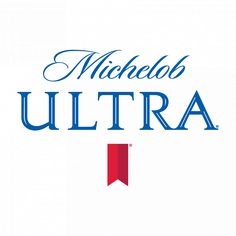 the logo for michelob ultra, which is red and blue with white lettering on it