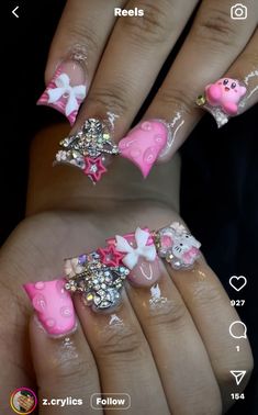 Duck Junk Nails, Lollipop Nails, Candy Junk Nails, Pink Junk Nails, Duck Nails Gyaru, Pink Duck Nails With Charms, Long Pink Acrylic Nails With Charms, Long Acrylic Nails With Hello Kitty Charms, Unique Acrylic Nail Designs