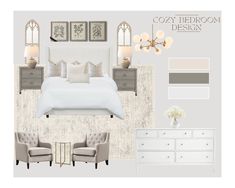 a bedroom is shown with white furniture and neutral colors on the walls, along with beige accents