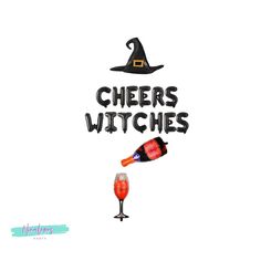 two wine glasses are next to each other with the words cheers witches written on them