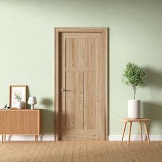 an empty room with a wooden door and two side tables in front of the door