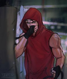 a drawing of a man in a red hoodie holding his hands to his face