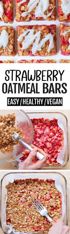 strawberry oatmeal bars in glass baking pans, with the text overlay