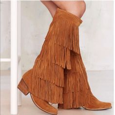 These Have Never Been Worn. I Absolutely Love Them However, I Have Too Many Boots And Really Need To Let Go Of A Lot. Cognac Colored Fringe Detail Cowboy Western No Box These Tan Suede Boots By Jeffrey Campbell Feature Fringe Detailing, A Pointed Toe, Stacked Wooden Heel, And Genuine Leather Lining, Cushioned Insole. Approx Measurements: Shoe Height: 20.5"/52cm *Heel 2"/5cm Cowboy Boots Along With Fringe Are Making A Big Comeback As Seen On The Runways Of Fashion Week Tan Suede Boots, Suede Fringe Boots, Fringe Boots, Retro Shoes, Wooden Heel, Jeffrey Campbell Shoes, Suede Fringe, Tan Suede, Jeffrey Campbell