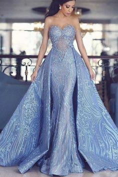 Gorgeous Sweetheart Sheer Sleeve Prom Dress With Removable Skirt,WP092 – winkbridal Detachable Train, Chic Gowns, Blue Party Dress, Sweetheart Prom Dress, Elegant Prom Dresses, Blue Evening Dresses, Dream Dresses, Beauty Dress, Long Wedding Dresses