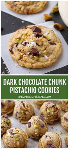 chocolate chunk pistachio cookies with text overlay