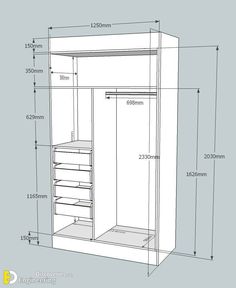 the measurements for a closet with drawers and shelves