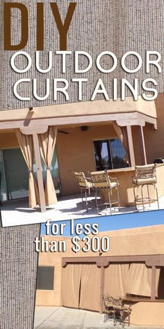 an advertisement for outdoor curtains on the side of a building with chairs and tables in front of it