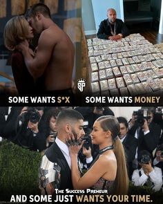 a man and woman kissing in front of a table full of money