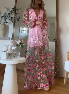 Zip Up Stretch 95% Polyester 5% Spandex Flowy Gown, Maternity Dresses For Baby Shower, Hip Hop Women, Embroidered Maxi Dress, Pink Maxi, Butterfly Dress, Floral Fashion, Pink Maxi Dress, Dress Picture