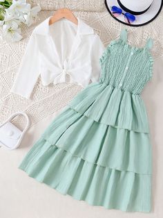 Tween Girl Ruffle Hem & Button Detail Cami Dress And Shirt Green Cute    Colorblock  Non-Stretch  Tween Girls Clothing, size features are:Bust: ,Length: ,Sleeve Length: Green Cute, Kids Fashion Dress, Fashion Attire, Really Cute Outfits, Girls Fashion Clothes, Dresses For Teens