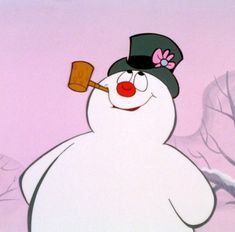 the snowman is wearing a hat and holding a pipe in his mouth while standing next to a tree