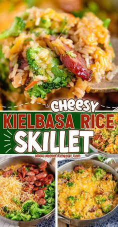 the keebbasa rice skillet is loaded with broccoli and cheese