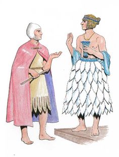 two men dressed in ancient clothing talking to each other