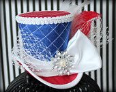 4th of July Mini Top Hat, Red White and Blue Headband, 4th of July Hair Accessories, Red White and Blue Hat, Patriotic Hat, Women Fascinator Patriotic Costumes, Halloween Costume Hats, How To Make Fascinators, Patriotic America, Hair Accessories Red, Flag Wreath