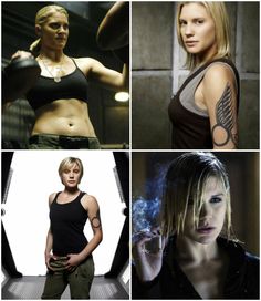 four different pictures of women with tattoos on their arms and chestes, one in black tank top