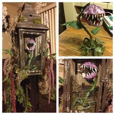 three pictures of an old fashioned lantern with flowers on the top and bottom, along with other photos of it