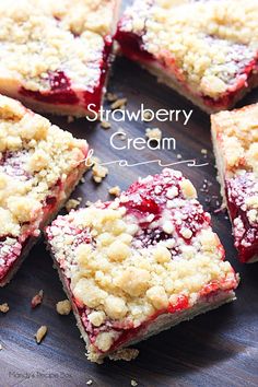 strawberry crumbler cream bars cut into squares on a cutting board with text overlay