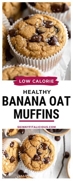 low calorie healthy banana oat muffins with chocolate chips on top