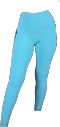 Stretch Light Blue Bottoms For Athleisure, Light Blue High Stretch Athleisure Pants, High Stretch Blue Bottoms For Running, High Stretch Blue Running Bottoms, Casual Blue Leggings For Running, Sporty Blue Leggings With Pockets, High Stretch Light Blue Athleisure Pants, Blue Full Length Yoga Pants For Running, Light Blue Athletic Fit Pants For Sports