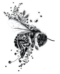 a pencil drawing of a bee with flowers on it's back and a pen next to it