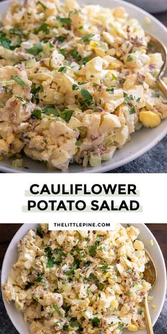 two plates filled with potato salad on top of a wooden table next to another plate full of food