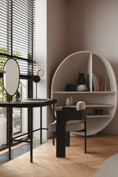 a room with a table, mirror and shelf in it next to a large window