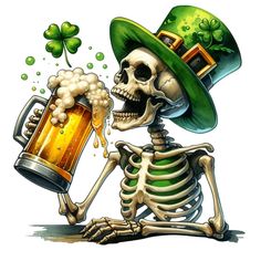 a skeleton with a green hat holding a mug of beer and shamrocks on it's head