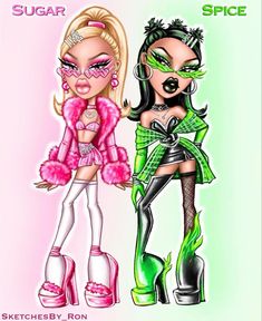 two cartoon dolls are standing next to each other in pink, green and white outfits