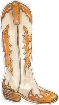 a drawing of a cowboy boot with orange and white designs on the inside, sitting in front of a white background