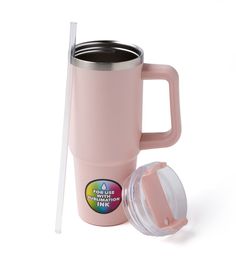 a pink coffee cup with a straw and lid next to it on a white background