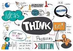 the words think do surrounded by doodles and other graphic elements on a white background