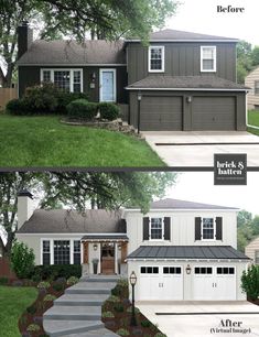 before and after pictures of a house with garage doors on the front, side and top