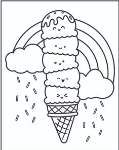 an ice cream cone with rainbows and clouds in the background, coloring pages for kids