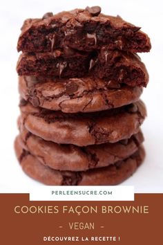 chocolate cookies are stacked on top of each other