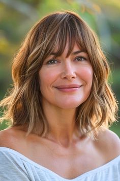 35 Stunning Medium-Length Hairstyles with Bangs - The Hairstyle Edit Womens Shoulder Length Hair With Bangs, Straight Lob Haircut With Bangs, Blonde Shoulder Length Hair With Bangs, Lob With Heavy Bangs, Medium Bob With Long Parted Bangs, Bangs Shoulder Length Hair, Textured Lob With Bangs, Women’s Shoulder Length Haircut With Bangs, Bangs Inspiration