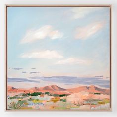 an oil painting of desert landscape with blue sky and clouds