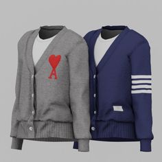 two cardigans with hearts on them are shown in three different colors and sizes