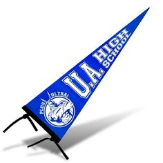 a blue pennant with the words high school ua on it's side is shown in front of a white background