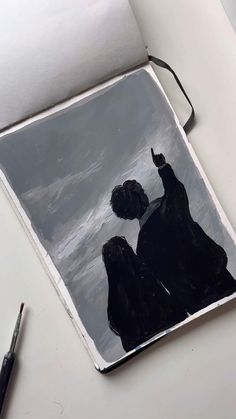 a drawing of two people standing next to each other on top of a white table