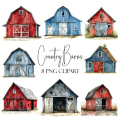 six barn illustrations with the words country barns and png clipart written below them