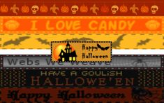 an old school computer game with halloween themed text and pumpkins in the background that says i love candy