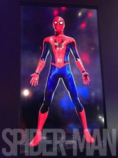 spider - man movie costume displayed in front of a purple and blue background with the words spiderman on it