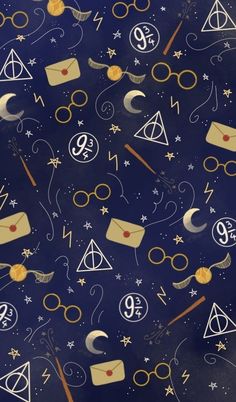 harry potter's hogwarts pattern on a blue background with stars and moon