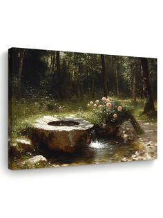 a painting on the wall of a wooded area with flowers and rocks in the foreground