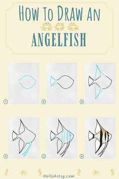 Step by step images demonstrating how to draw an angelfish drawing easy - A Drawing Tutorial for Beginners! Angel Fish Drawing, Angelfish Drawing, Fish Doodles, Fish For Kids, Sea Creatures Drawing, Drawing Lessons For Kids, Fish Drawing