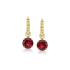 Ross-Simons - 3.20 ct. t. w. Garnet Hoop Drop Earrings in 14kt Yellow Gold. Two ways to wear! Our sunny 14kt yellow gold convertible hoop earrings feature rich and fiery 3.20 ct. t. w. round garnet drops that can be removed for a simpler look. Hanging length with drops attached is 3/4". Hinged post, garnet hoop drop earrings. Garnet birthstones are the perfect gift for January birthdays. Round Garnet Earrings Fine Jewelry, Gold Teardrop Garnet Earrings, Yellow Gold Garnet Round Earrings, Garnet Faceted Drop Earrings, Red Garnet Round Earrings, Hoop Drop Earrings, Garnet Birthstone, January Birthday, Garnet