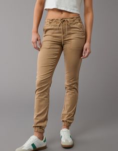 AE Next Level High-Waisted Jegging Jogger Khaki Jeggings Outfit, Fitted Mid-rise Casual Joggers, Tan Joggers Outfit, Tan Joggers Outfit Women, Jeggings Outfit Work, Jogger Jeans Outfit, Best Joggers, Aerie Bras, Women Jogger Pants