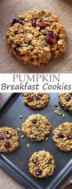 pumpkin breakfast cookies with cranberries and sunflowers are on a baking sheet